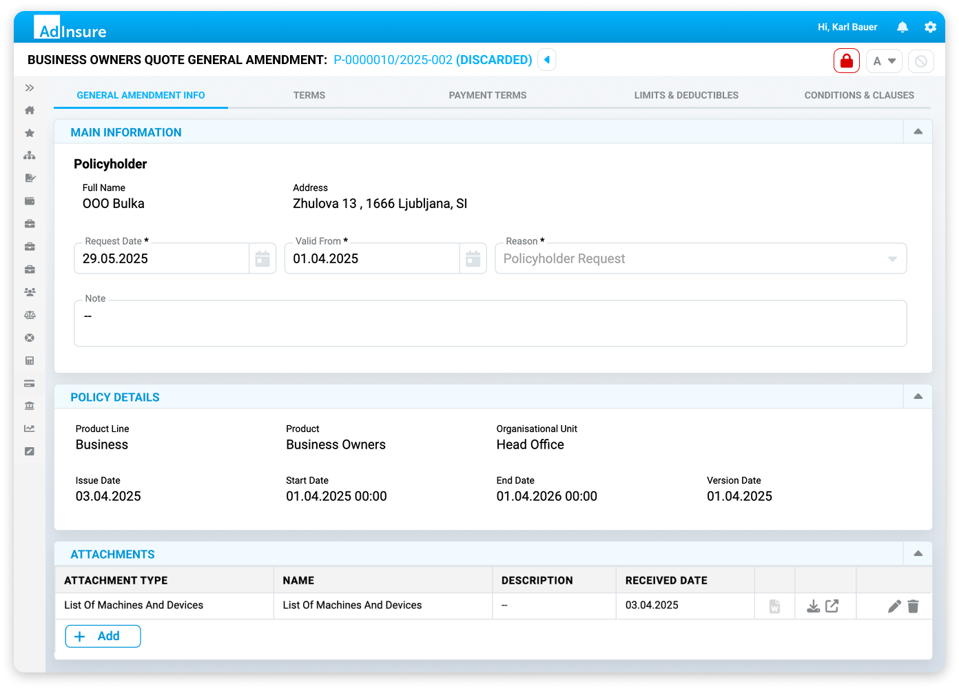 screenshot of AdInsure Policy Administration